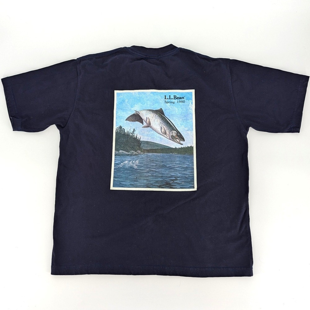 LL Bean Japan Edition Salmon Graphic T-Shirt Spring 1980 Navy Blue Medium